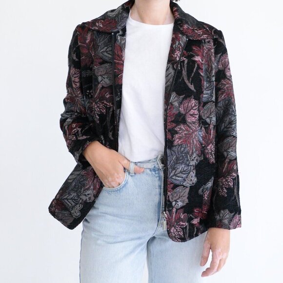 Vintage Bon Worth Black Maroon Tapestry Embroidered Floral Zip Blazer Jacket S - Picture 2 of 10